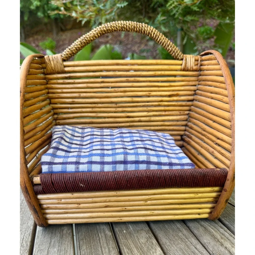 Vintage Rattan Wall Pocket Basket, Bamboo Magazine and Mail Organizer 12x10 x 6